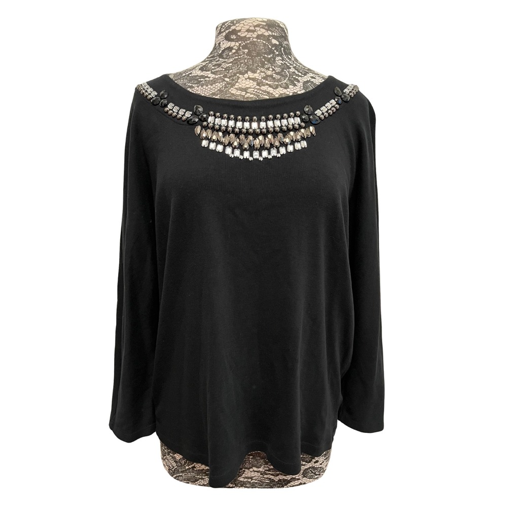 Vintage Y2K Embellished Knit Top XL Black Rhinestones Studs Mobwife Glam McBling